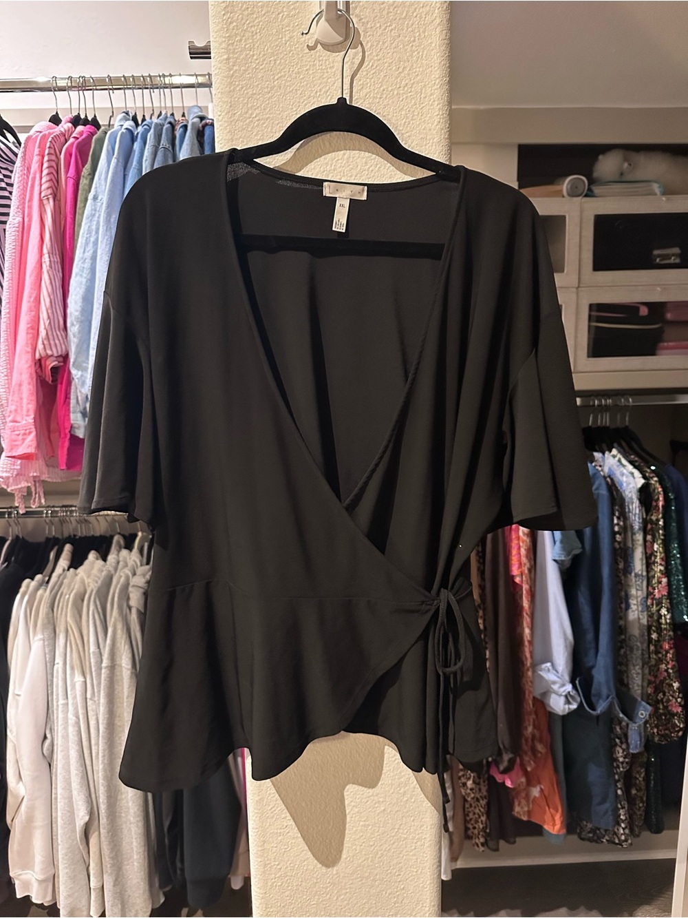 Short Sleeve Black Tie Wrap Blouse